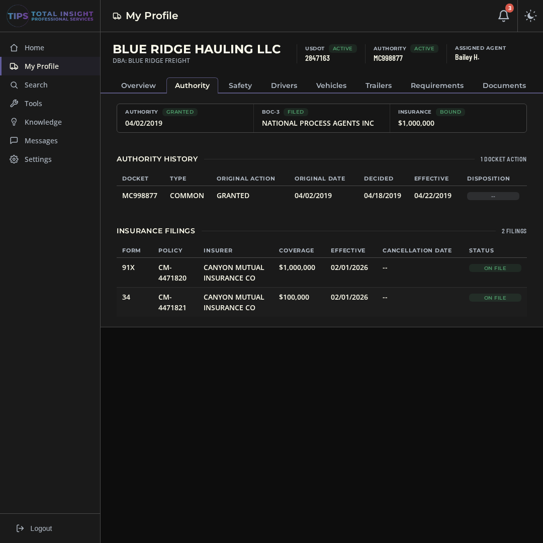 Authority tab with docket history, BOC-3 designation, and insurance filings
