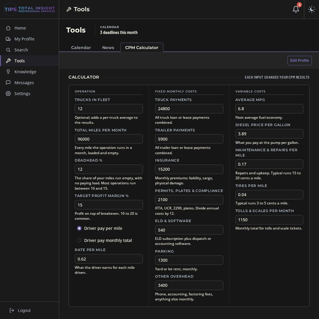 Cost-per-mile calculator with a saved profile and a load check