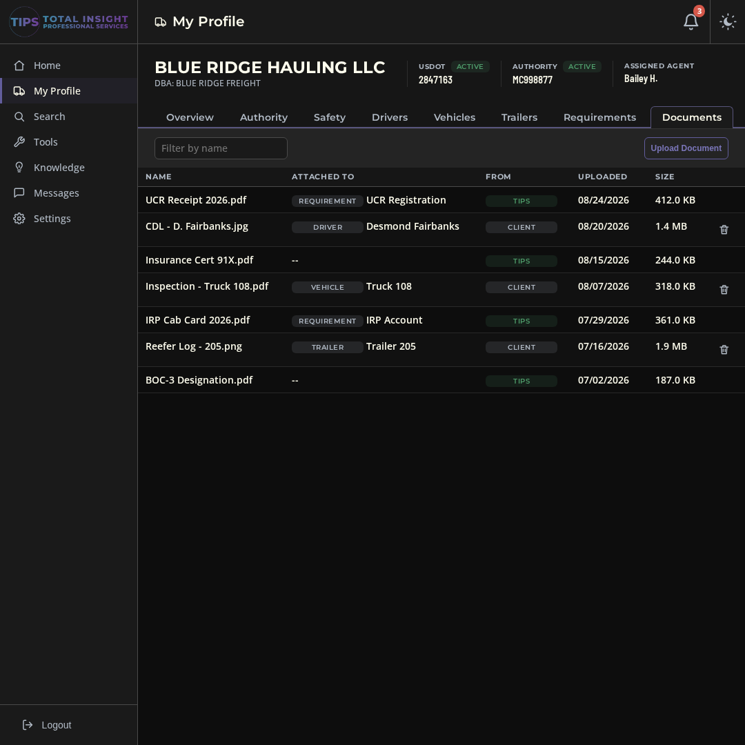 Documents tab with files exchanged between the carrier and TIPS