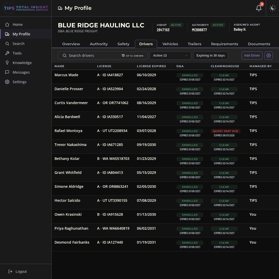 Drivers tab with CDL, medical card, and clearinghouse status for every driver