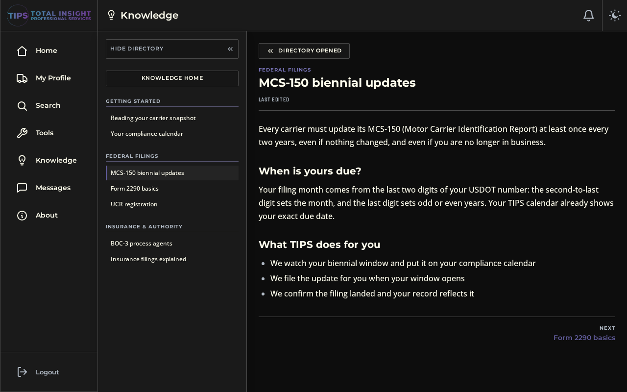 Knowledge base with sections and guides