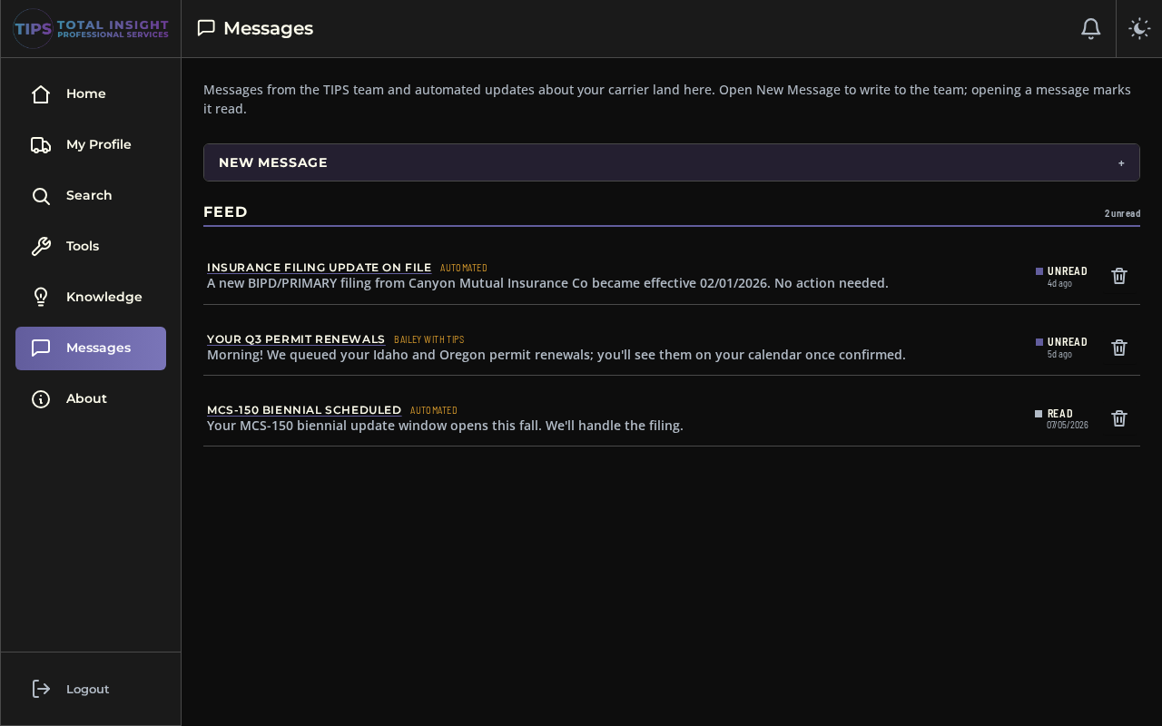 Messages inbox with alerts from the TIPS team