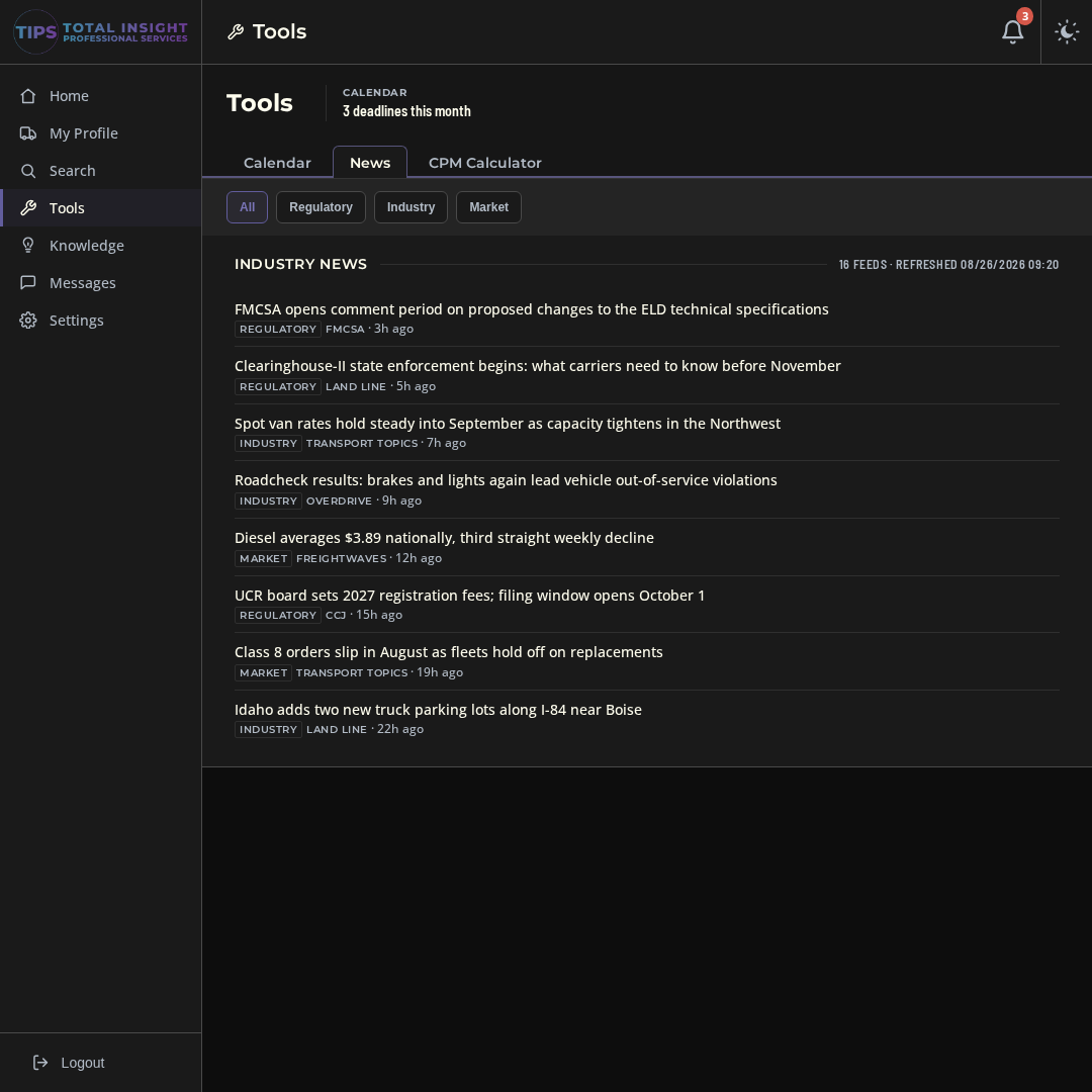 News tab with the day's trucking and FMCSA headlines by category