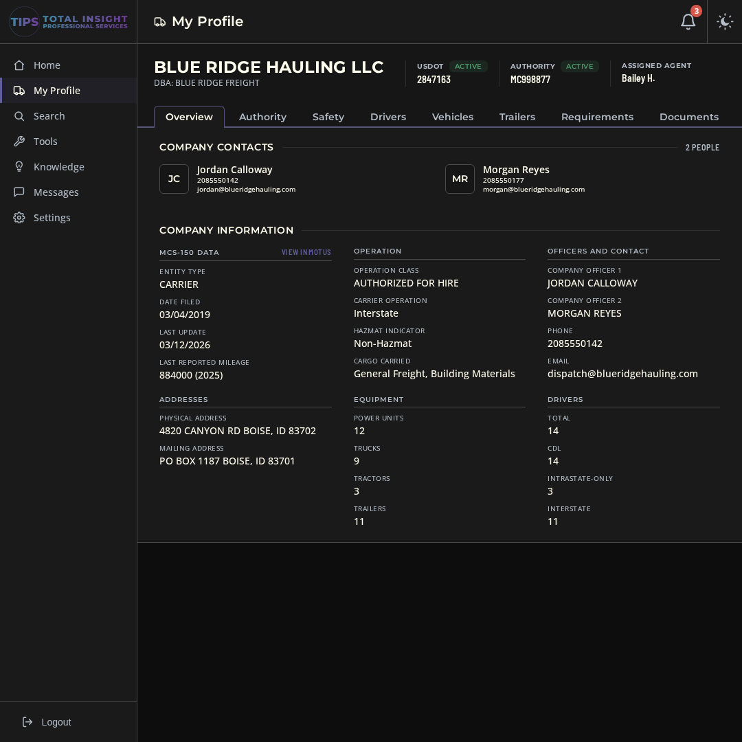 Company workspace with compliance readouts and fleet tabs