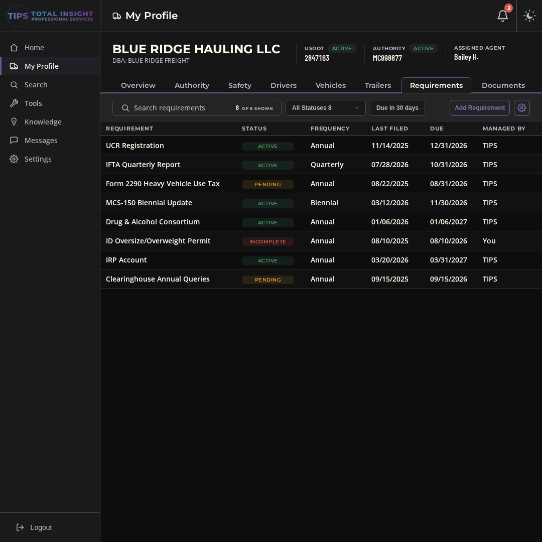 Requirements tab with statuses and due dates for permits and filings