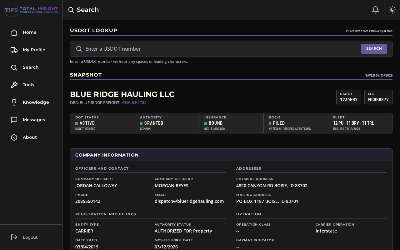 USDOT lookup with a carrier snapshot result