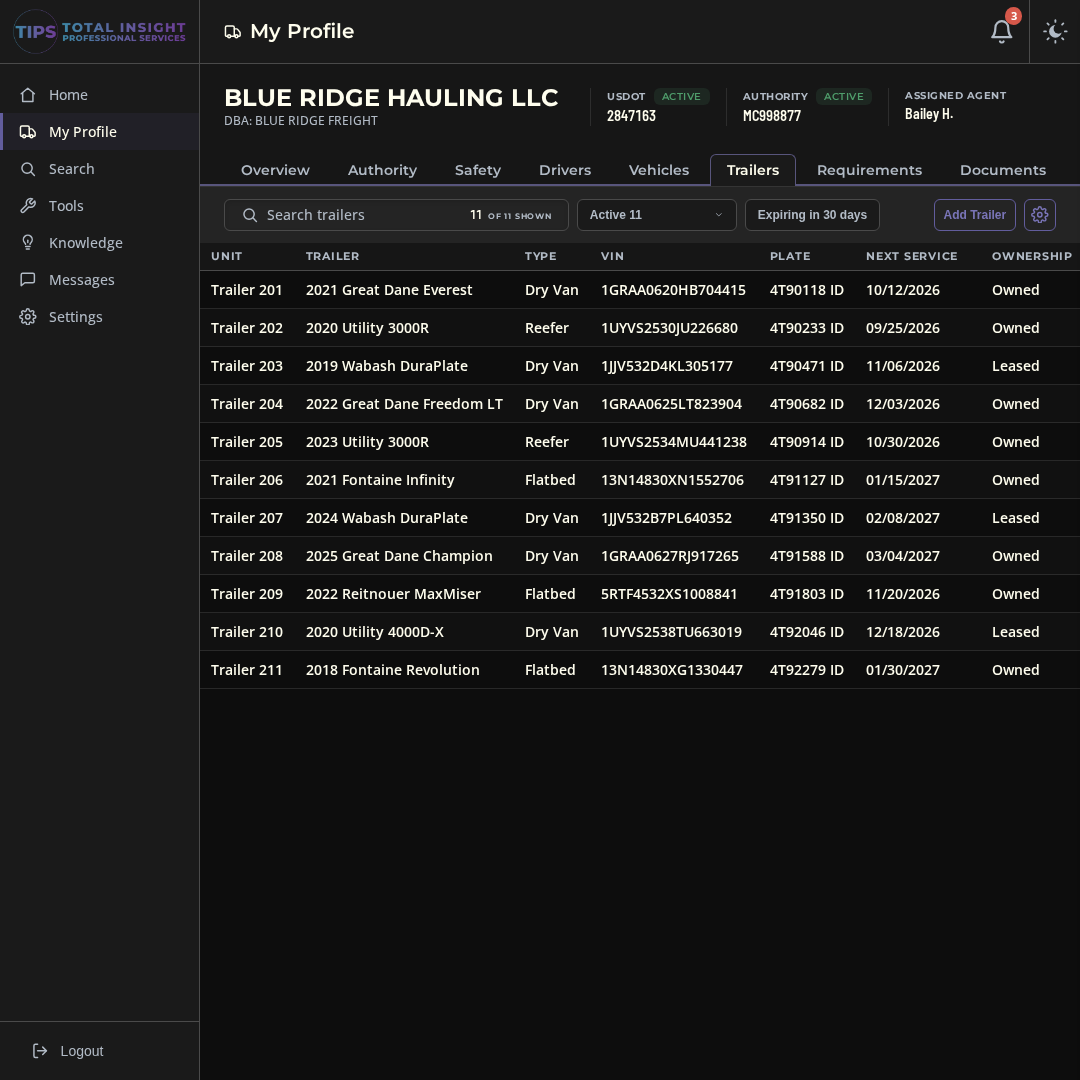 Trailers tab with VIN, plate, registration, and inspection dates