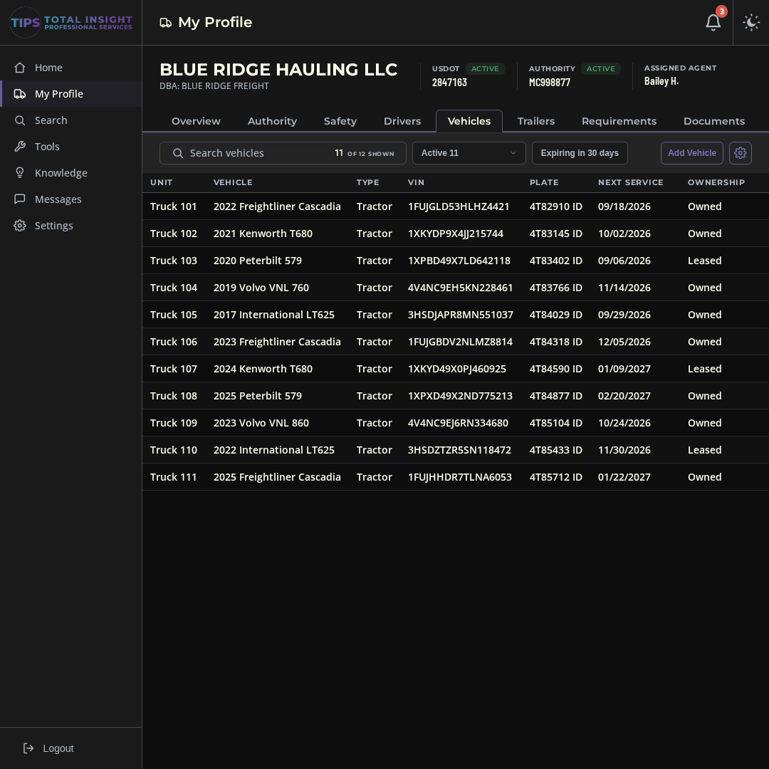 Vehicles tab with VIN, plate, registration, and inspection dates for every unit